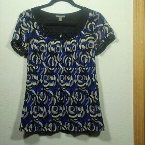 Apt 9 Womens Size S Beaded Blue Geo print Short Sleeve empire waist Top